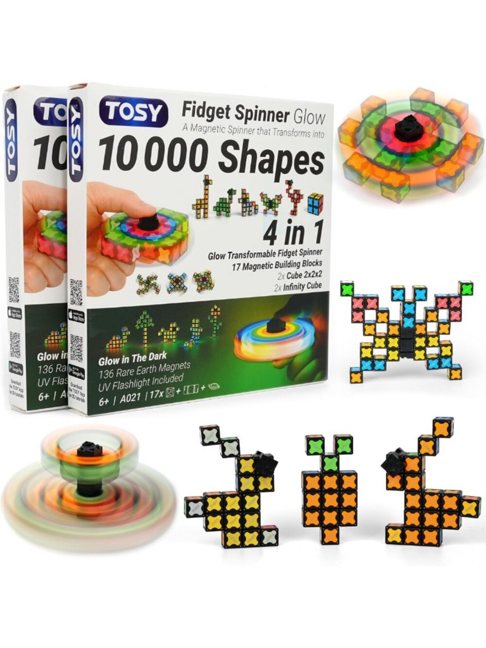 Transformable Glow Fidget Spinner & Infinity Cube - 3-in-1 STEM Toy, 2-Pack